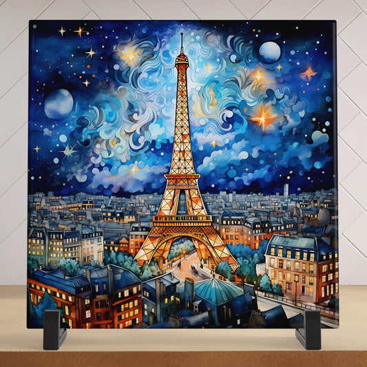 Starry Night in Paris Ceramic Art Tile - Whimsical Design, Vibrant Colors, Beautiful Tile Art for the Kitchen, Unique Art