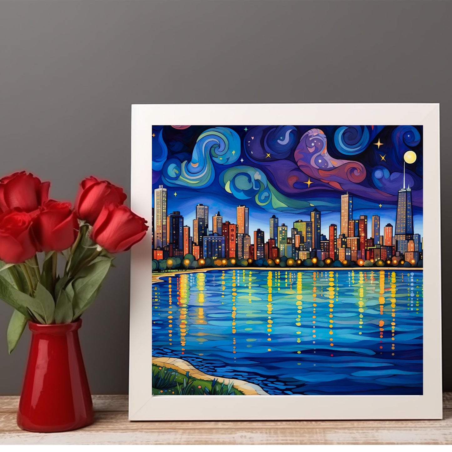 Chicago Starry Night Ceramic Art Tile, Iconic Chicago Lakefront Design, Whimsical City, Galley Wall Hanging, Chicago Art