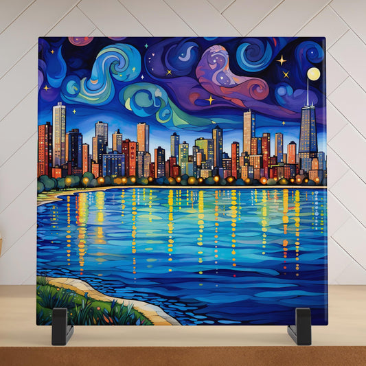 Chicago Starry Night Ceramic Art Tile, Iconic Chicago Lakefront Design, Whimsical City, Galley Wall Hanging, Chicago Art