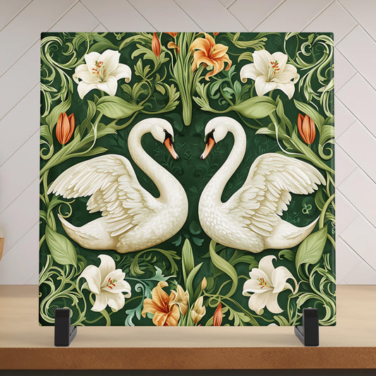 Art Nouveau White Swans Ceramic Art Tile, Decorative Tile Inspired by William Morris, Unique Home Decor