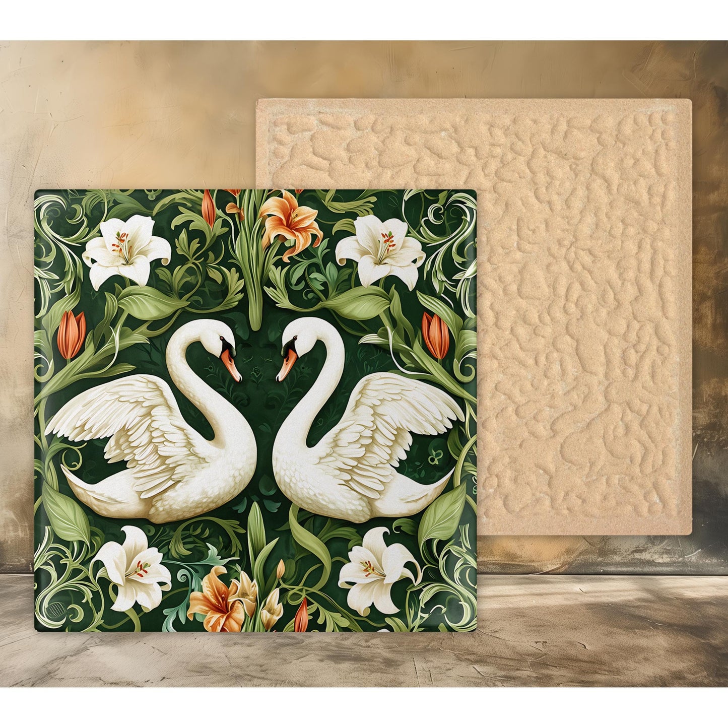 Art Nouveau White Swans Ceramic Art Tile, Decorative Tile Inspired by William Morris, Unique Home Decor