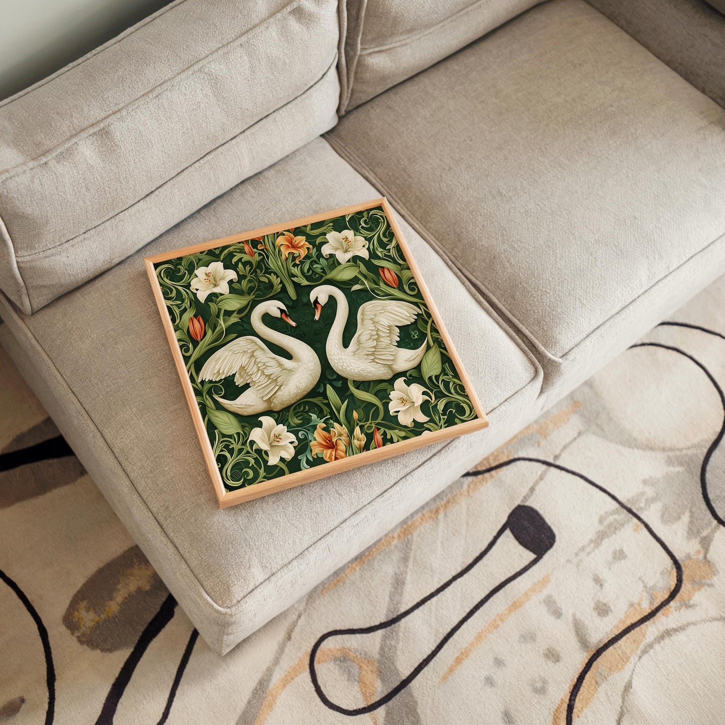 Art Nouveau White Swans Ceramic Art Tile, Decorative Tile Inspired by William Morris, Unique Home Decor