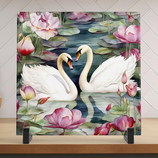 Art Nouveau White Swans Ceramic Tile, Decorative Art Tile, William Morris Inspired Art Deco Artwork, Unique Home Decor