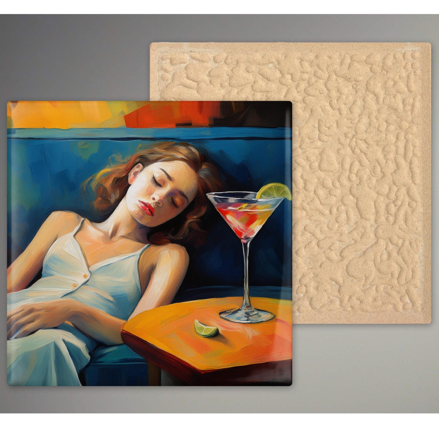Woman With a Martini on Couch - Aesthetic Oil Painting - Cocktail Art, Bar Cart Decor - Trendy Kitchen Art, Tile Ceramic Art  - Wall Art