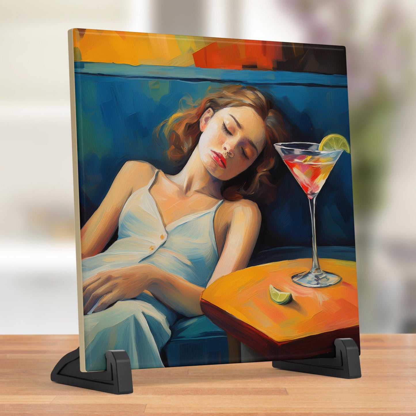 Woman With a Martini on Couch - Aesthetic Oil Painting - Cocktail Art, Bar Cart Decor - Trendy Kitchen Art, Tile Ceramic Art  - Wall Art