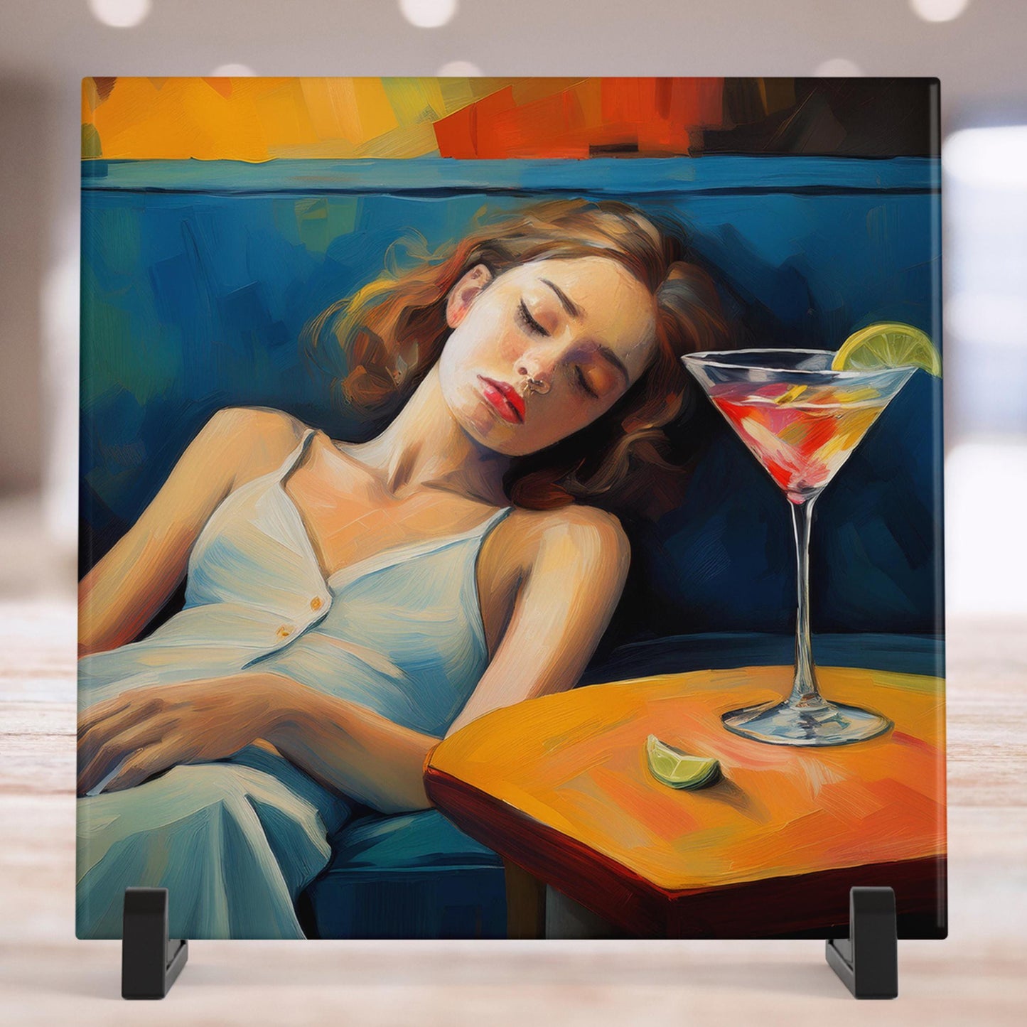 Woman With a Martini on Couch - Aesthetic Oil Painting - Cocktail Art, Bar Cart Decor - Trendy Kitchen Art, Tile Ceramic Art  - Wall Art