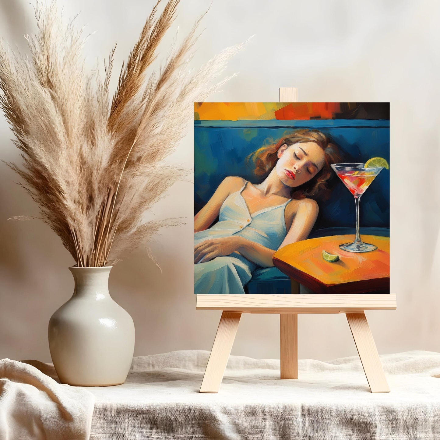 Woman With a Martini on Couch - Aesthetic Oil Painting - Cocktail Art, Bar Cart Decor - Trendy Kitchen Art, Tile Ceramic Art  - Wall Art