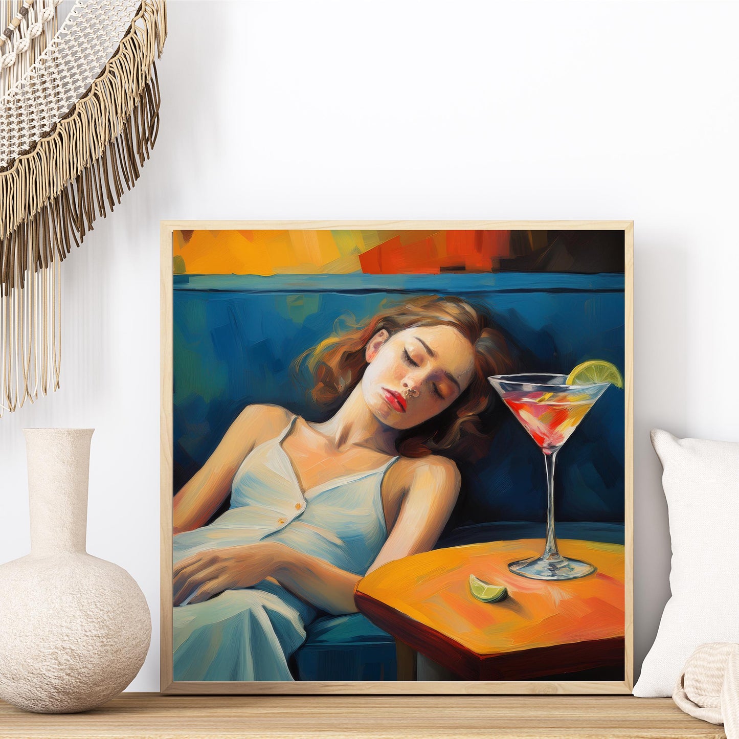 Woman With a Martini on Couch - Aesthetic Oil Painting - Cocktail Art, Bar Cart Decor - Trendy Kitchen Art, Tile Ceramic Art  - Wall Art