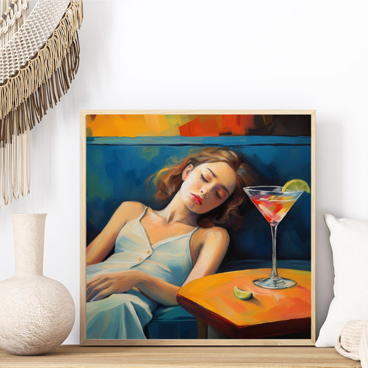 Woman With a Martini on Couch - Aesthetic Oil Painting - Cocktail Art, Bar Cart Decor - Trendy Kitchen Art, Tile Ceramic Art  - Wall Art