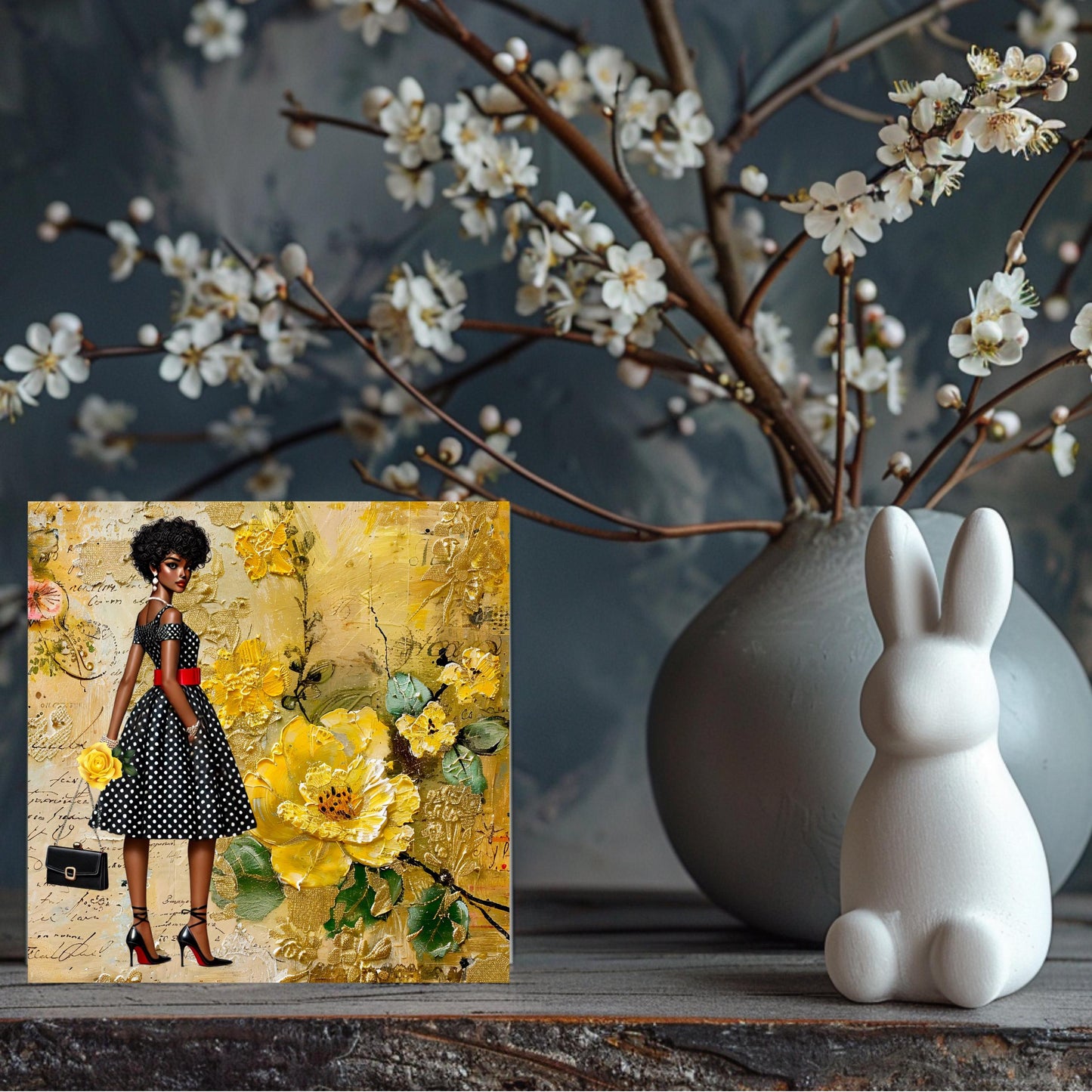 Black Woman Art Ceramic Tile - African American Wall Art - Abstract Floral Print - Black Girl Art - Yellow Floral Decor -  African Art