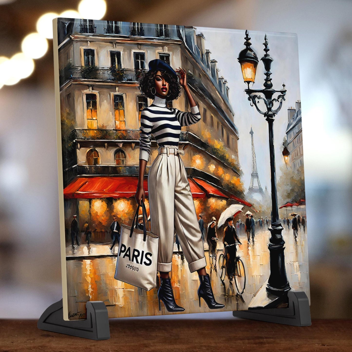 Black Woman in Paris Ceramic Tile - African American Wall Art - Paris Art Print - Eiffel Tower Streetscape - Unique Gift