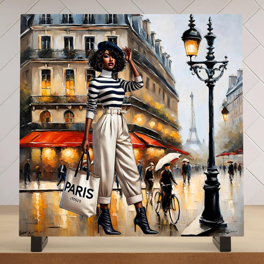 Black Woman in Paris Ceramic Tile - African American Wall Art - Paris Art Print - Eiffel Tower Streetscape - Unique Gift