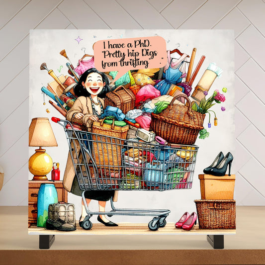 Quirky Woman Shopaholic Ceramic Tile, Funny Art for Thrifters, Quirky Decor, Hilarious Gift for Your Bestie