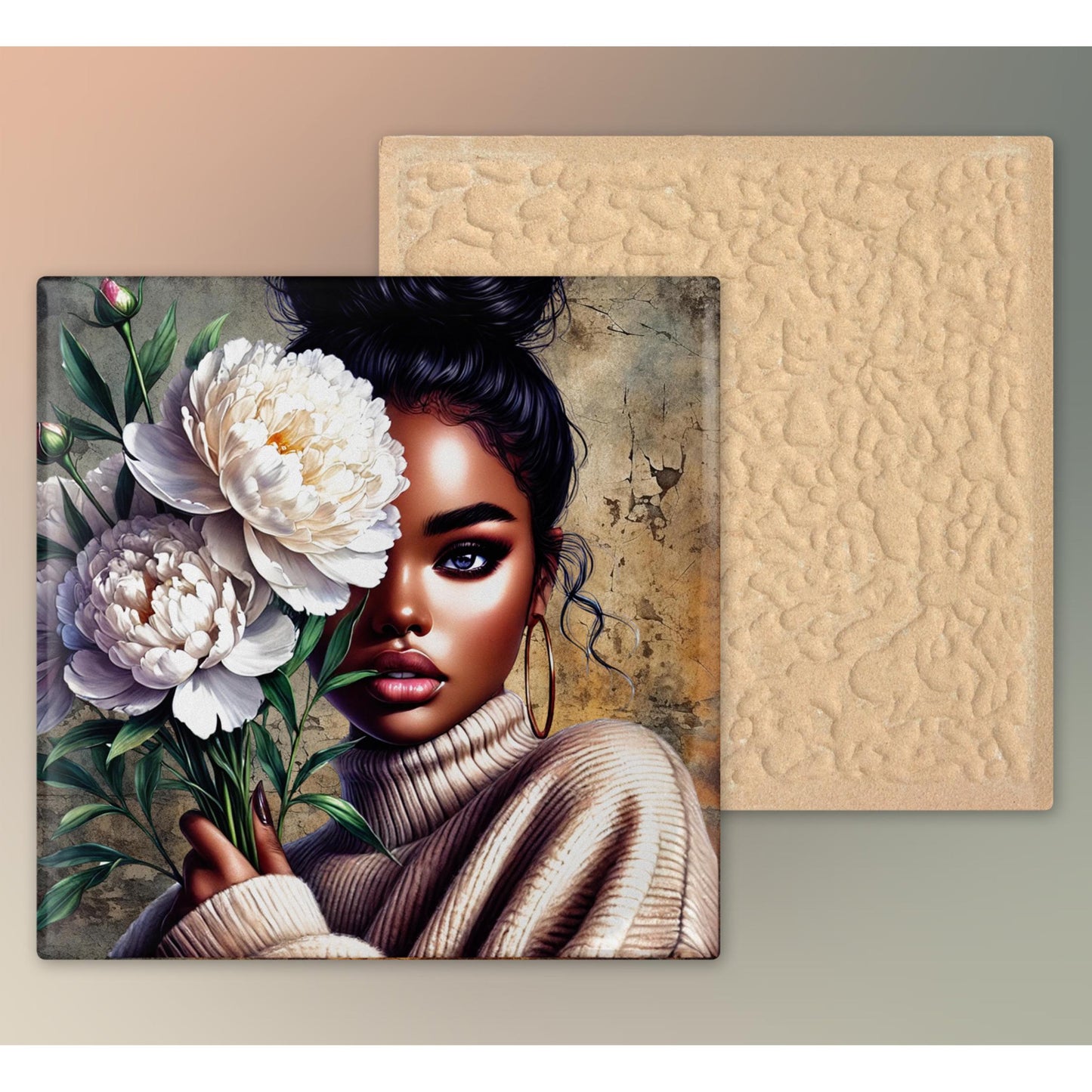 Black Woman with Flowers Ceramic Tile,  Trendy Wall Art Black Girl Art, Black Woman Wall Art, Black Girl Poster Art, African American Art