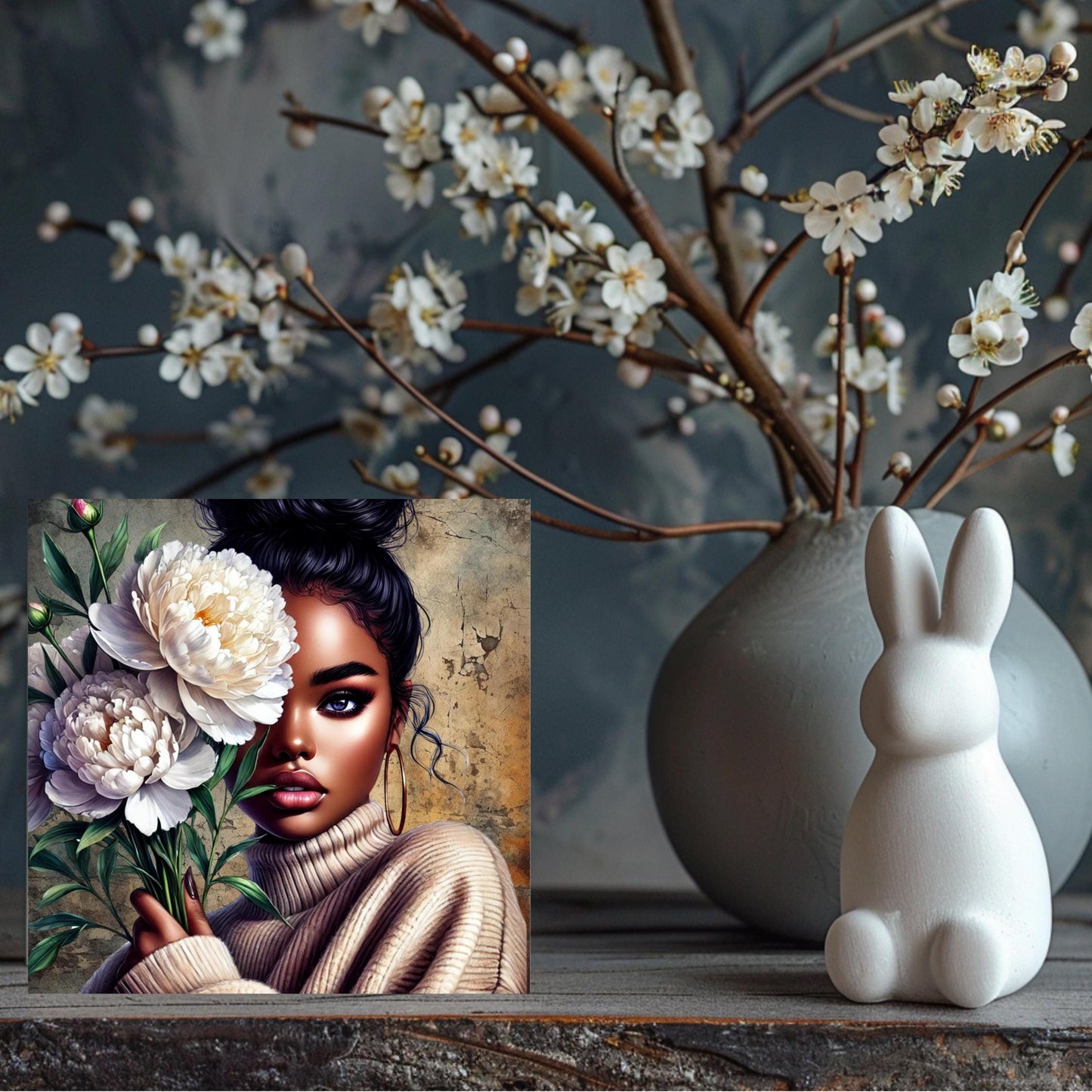 Black Woman with Flowers Ceramic Tile,  Trendy Wall Art Black Girl Art, Black Woman Wall Art, Black Girl Poster Art, African American Art