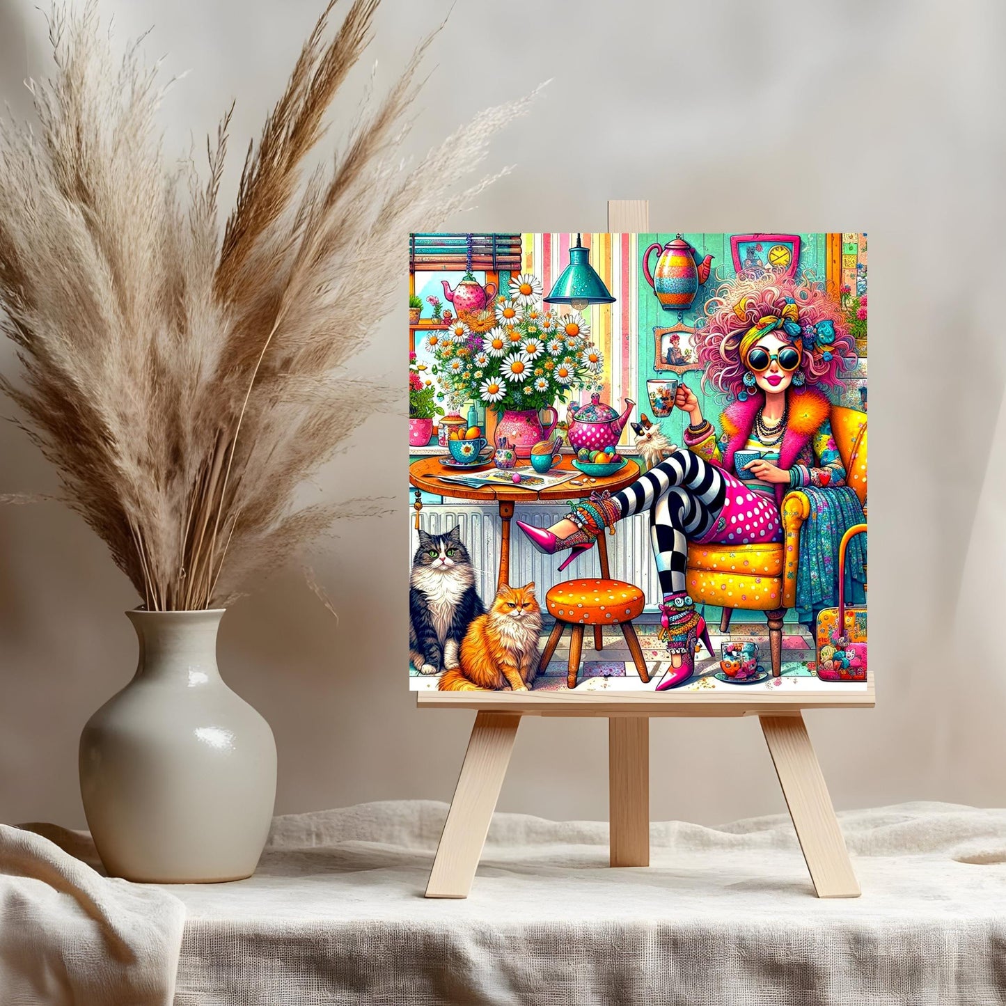 Quirky Lady Coffee Time Ceramic Tile | Charming Coffee Lover Cat Lady | Funny Coffee Time Wall Decor