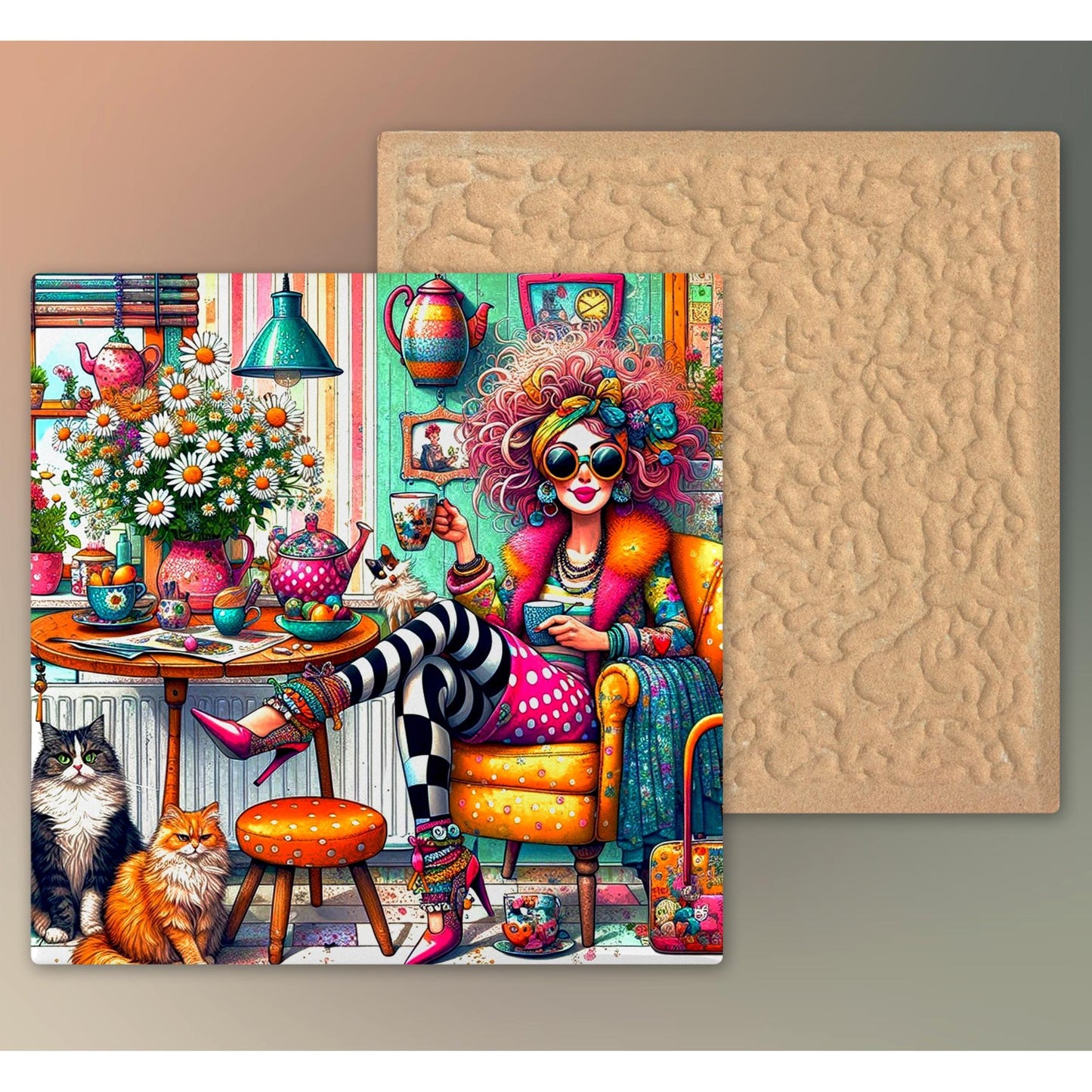 Quirky Lady Coffee Time Ceramic Tile | Charming Coffee Lover Cat Lady | Funny Coffee Time Wall Decor