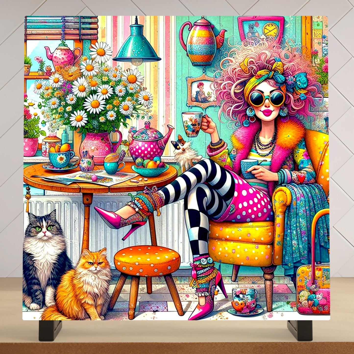 Quirky Lady Coffee Time Ceramic Tile | Charming Coffee Lover Cat Lady | Funny Coffee Time Wall Decor