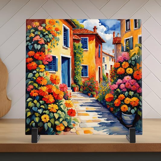 Village Street with Flowers Tile, Handmade Ceramic Wall Decor for Unique Home Accent, Perfect Nature Inspired Gift - Style #1
