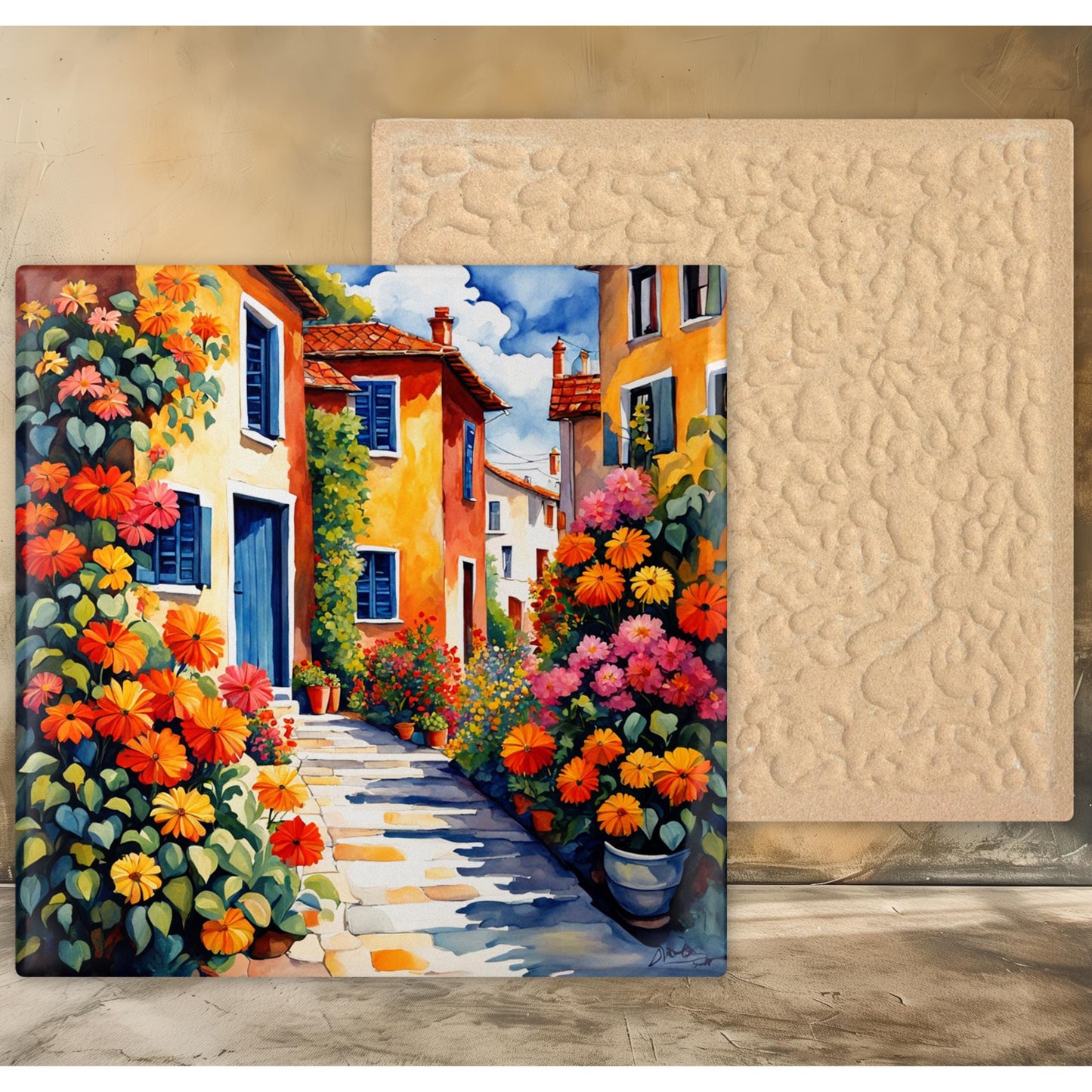 Village Street with Flowers Tile, Handmade Ceramic Wall Decor for Unique Home Accent, Perfect Nature Inspired Gift - Style #1