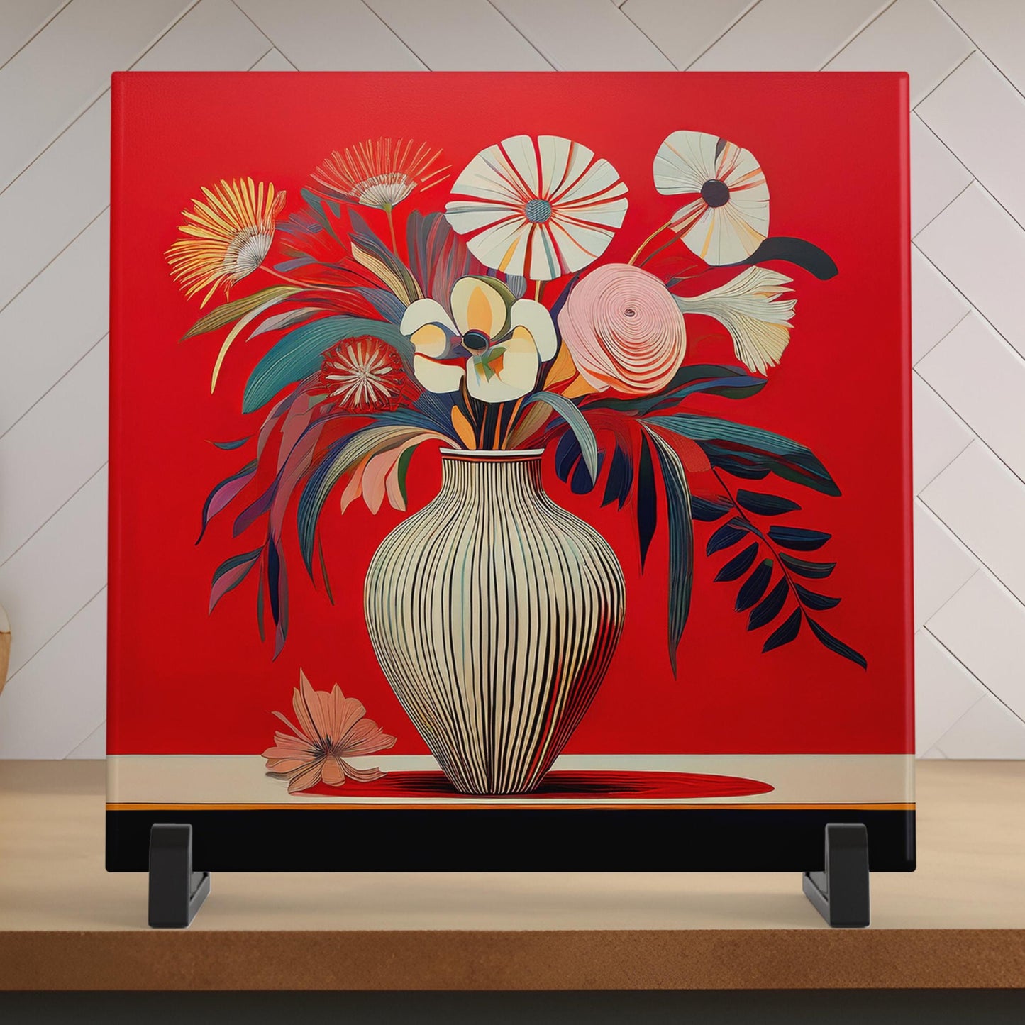 Red Art Flowers Ceramic Tile, Unique Floral Wall Art, Contemporary Botanical Decor, Handmade Nature Gift, Flower Art