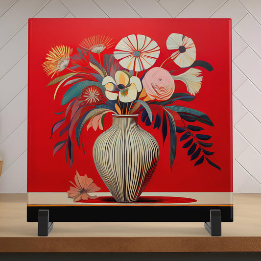 Red Art Flowers Ceramic Tile, Unique Floral Wall Art, Contemporary Botanical Decor, Handmade Nature Gift, Flower Art