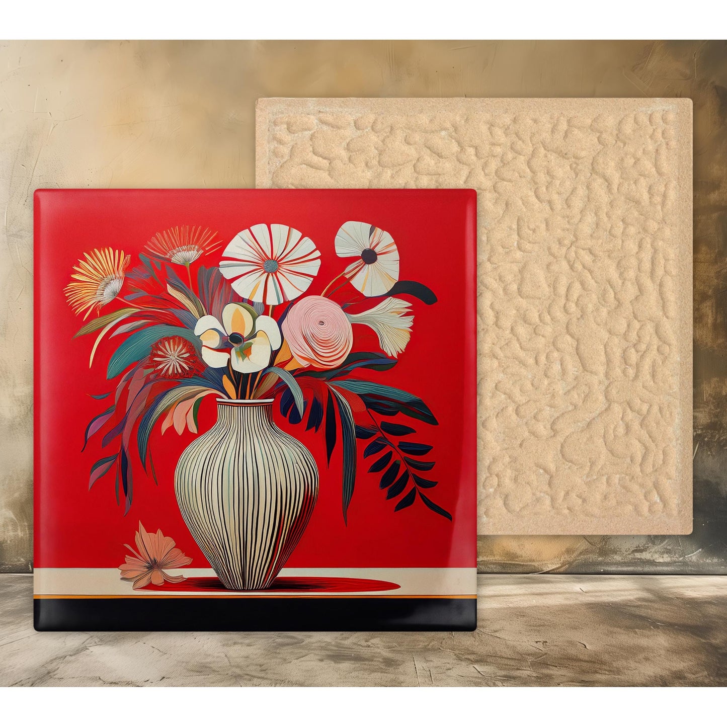 Red Art Flowers Ceramic Tile, Unique Floral Wall Art, Contemporary Botanical Decor, Handmade Nature Gift, Flower Art