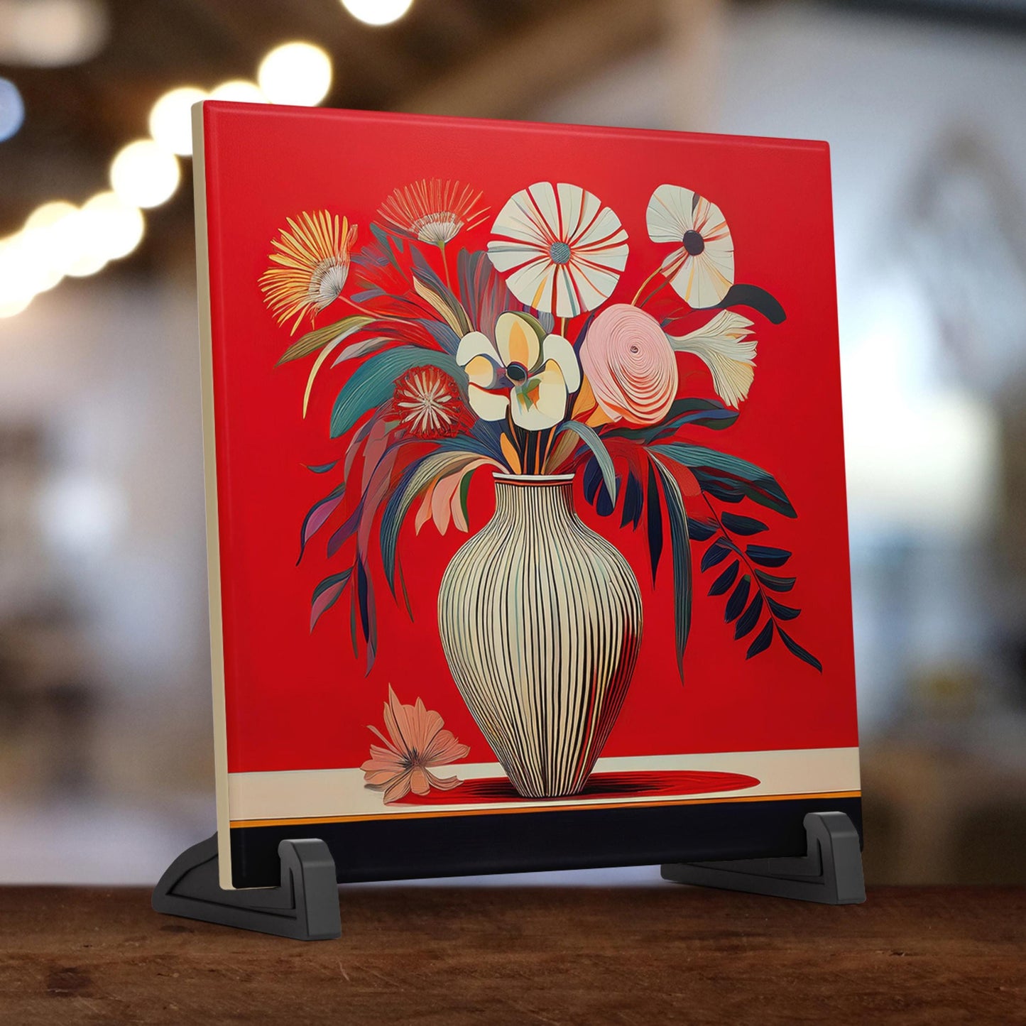 Red Art Flowers Ceramic Tile, Unique Floral Wall Art, Contemporary Botanical Decor, Handmade Nature Gift, Flower Art