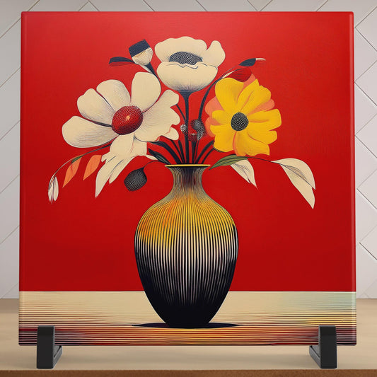 Floral Bouquet in Vase Ceramic Art Tile, Vibrant Abstract Flowers Wall Tile, Perfect Nature Inspired Gift, Contemporary Red Art