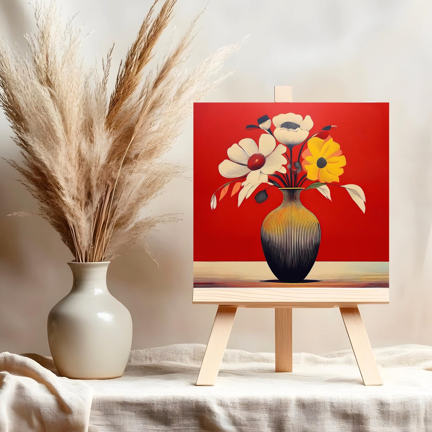 Floral Bouquet in Vase Ceramic Art Tile, Vibrant Abstract Flowers Wall Tile, Perfect Nature Inspired Gift, Contemporary Red Art