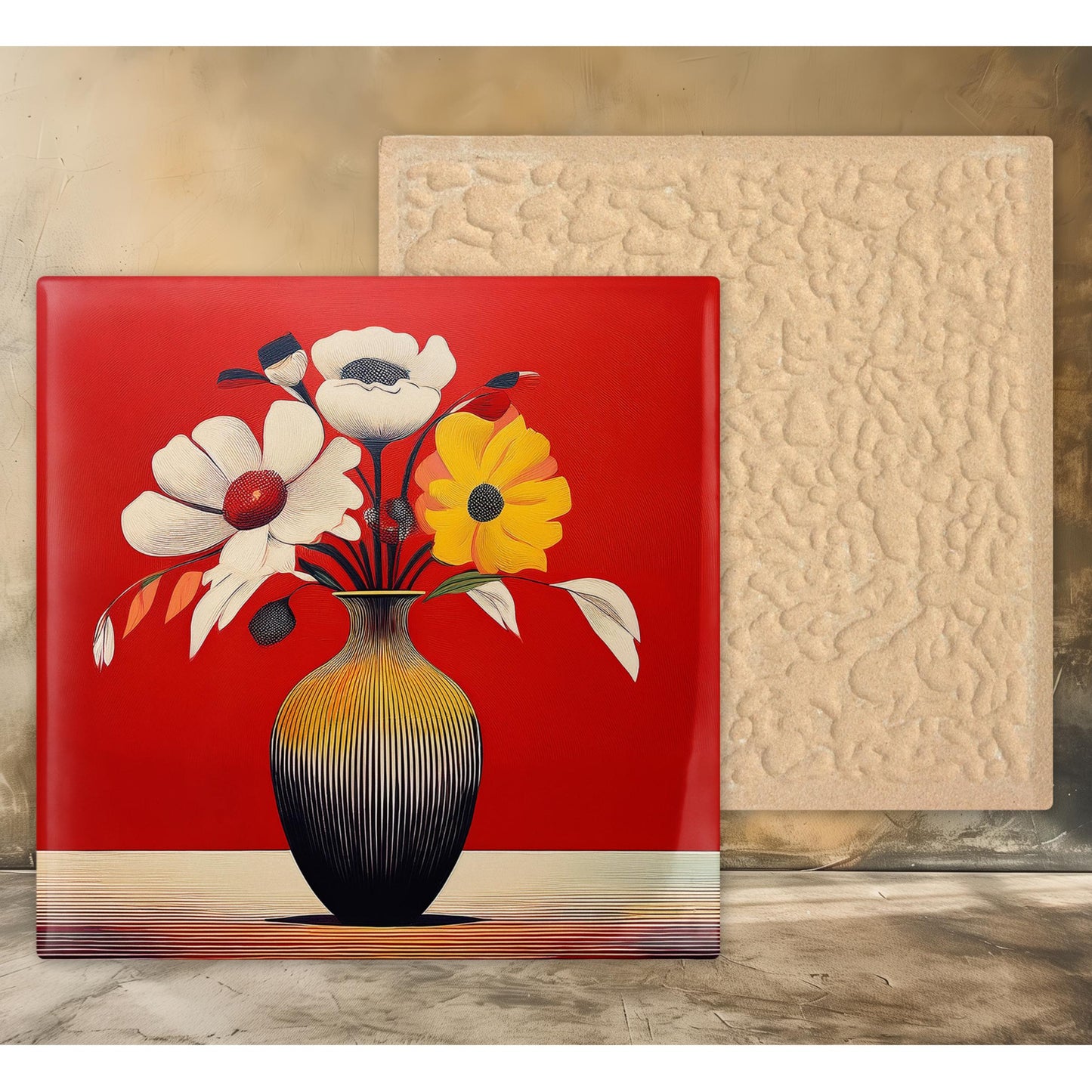 Floral Bouquet in Vase Ceramic Art Tile, Vibrant Abstract Flowers Wall Tile, Perfect Nature Inspired Gift, Contemporary Red Art