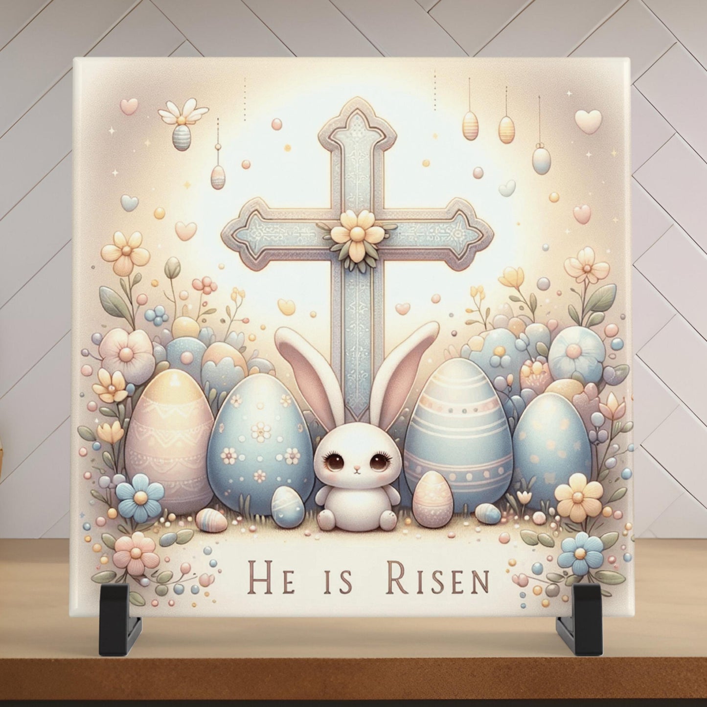 Easter Bunny Ceramic Tile, He Is Risen Christian Art, Religious Nursery Decor Sign, Perfect for Easter Gift
