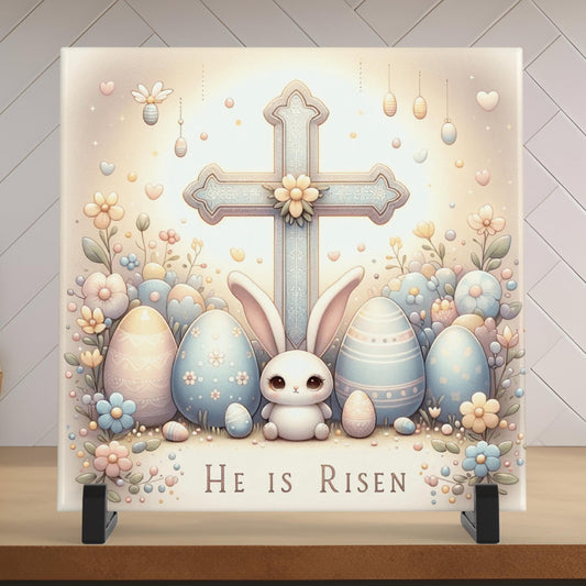 Easter Bunny Ceramic Tile, He Is Risen Christian Art, Religious Nursery Decor Sign, Perfect for Easter Gift