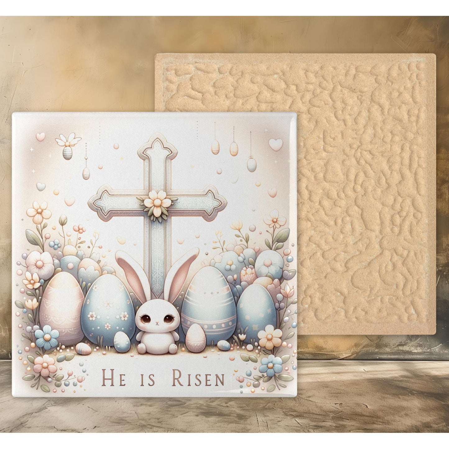 Easter Bunny Ceramic Tile, He Is Risen Christian Art, Religious Nursery Decor Sign, Perfect for Easter Gift
