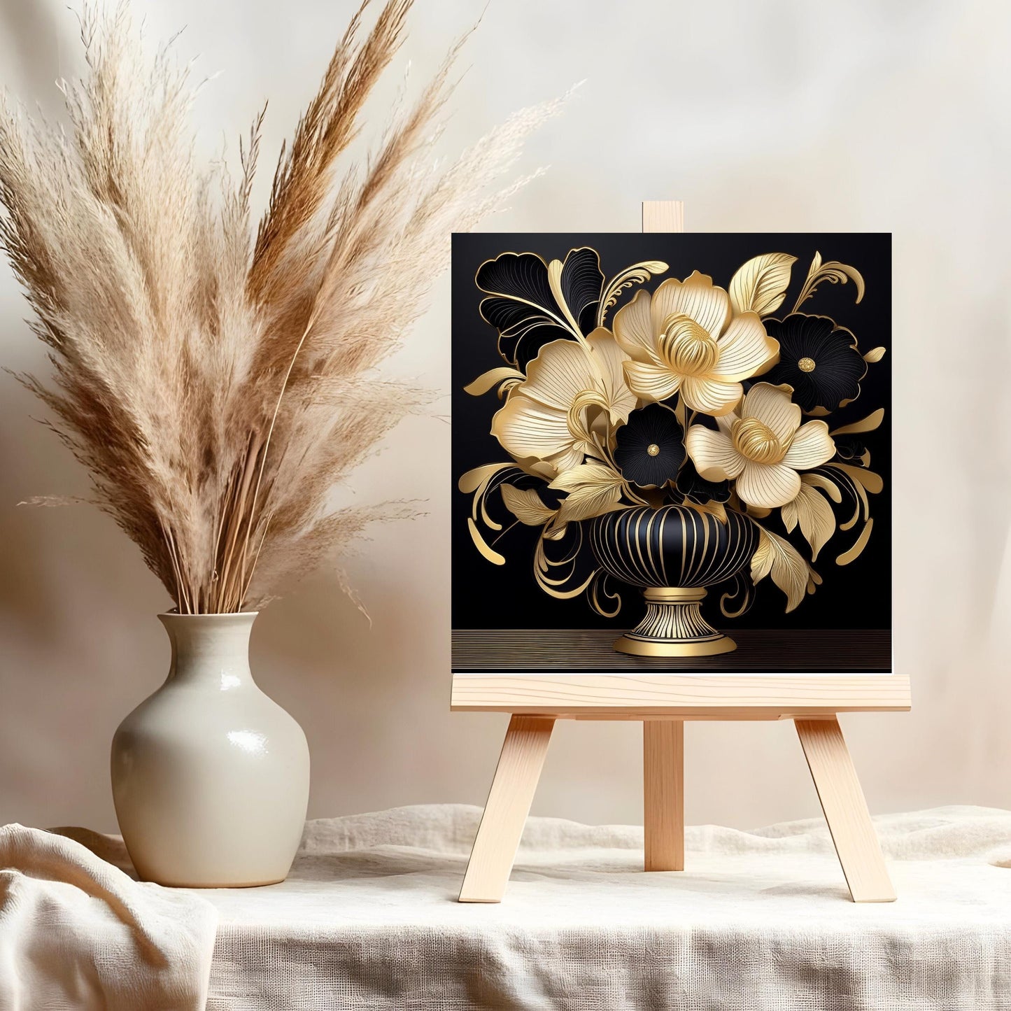 Art Deco Black and Gold Flowers in Vase Ceramic Tile Art - Stunning Art Nouveau Decorative Wall Hanging - Elegant Home Decor
