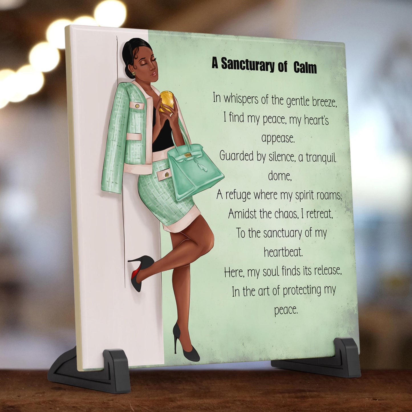 Self Care Black Woman Art Ceramic Tile | Protecting My Peace Print, Black Girl Quote, African American Home Decor