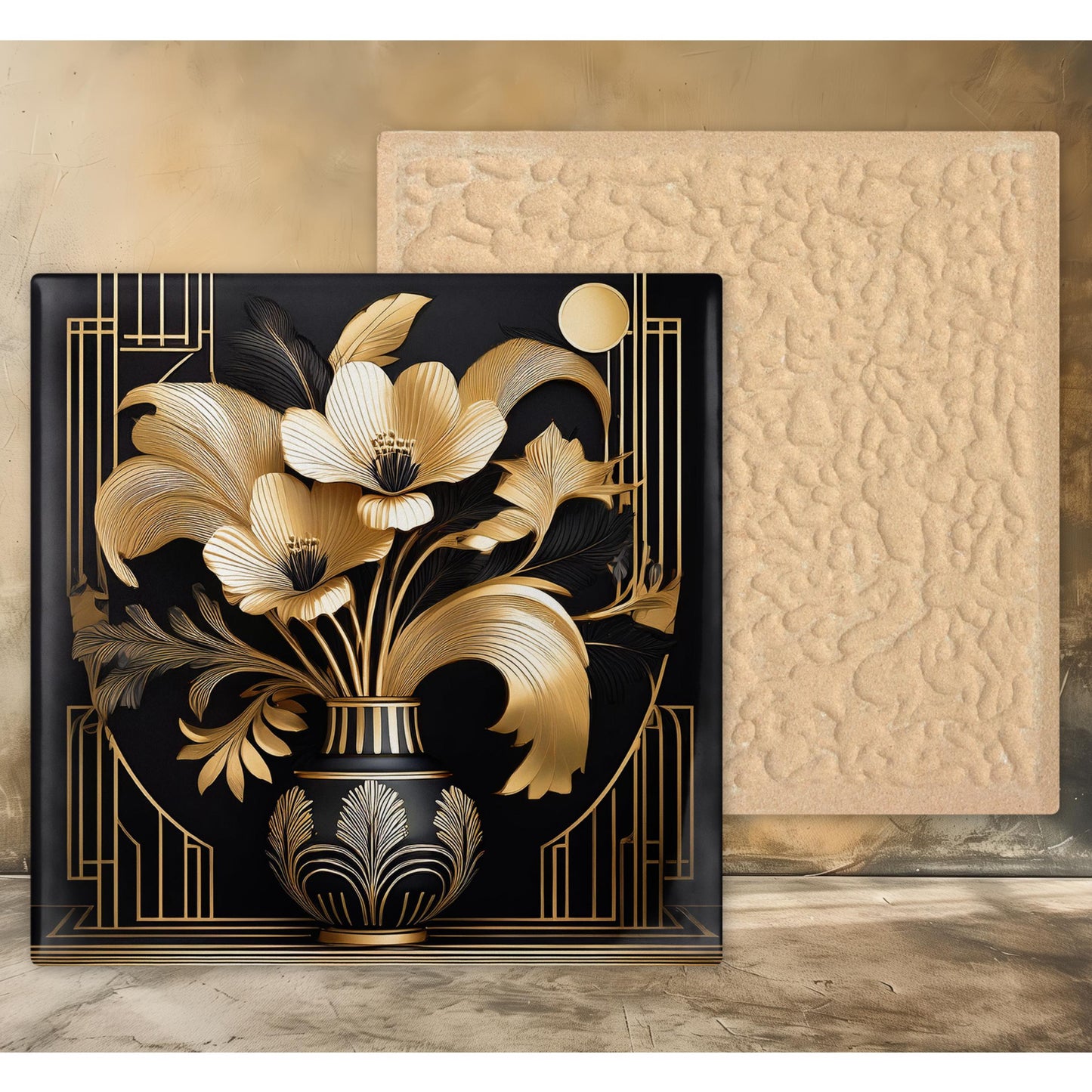 Art Nouveau Ceramic Art Tile Black and Gold Flowers in Vase - Stunning Art Nouveau Decorative Wall Hanging - Elegant Home Decor - II