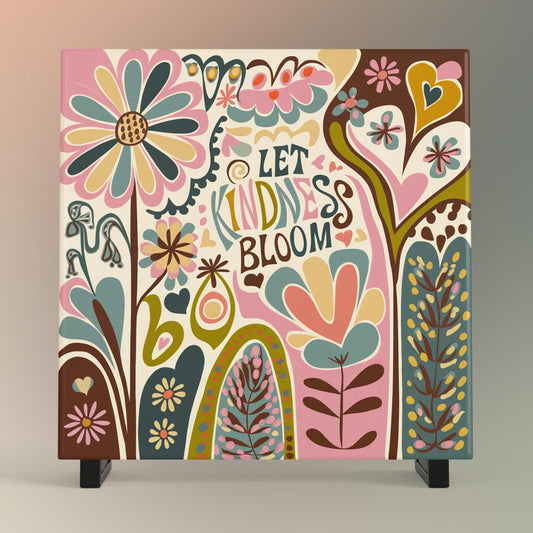 Let Kindness Bloom Ceramic Tile, Flower Art Tile, Floral Boho Wall Decor, Uplifting Gift for Mental Health, Be Kind Quote Artwork