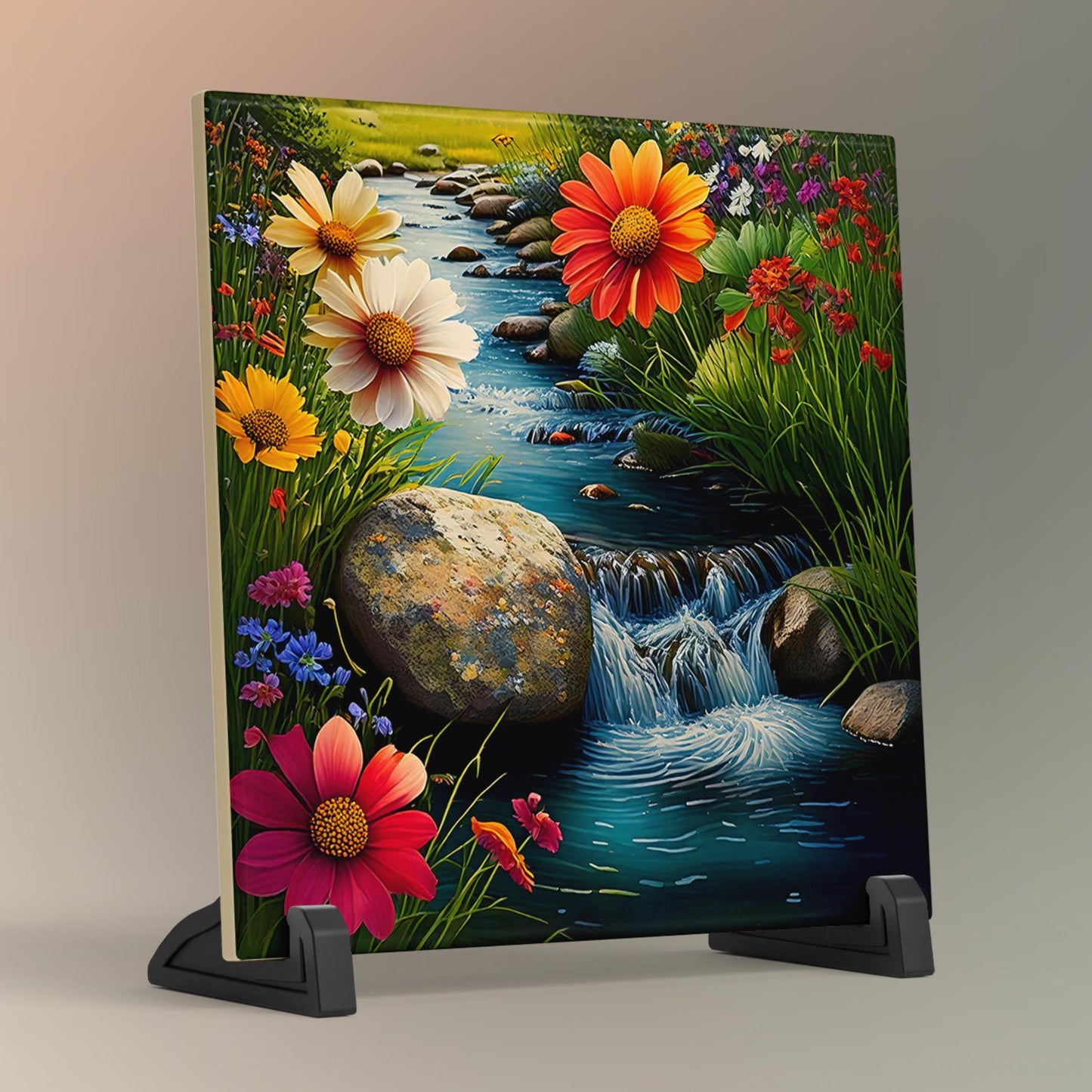 Colorful Wildflower Ceramic Tile, Tranquil Babbling Brook Nature Artwork, Great for Wall Art Display, Unique Gift for Garden Enthusiasts