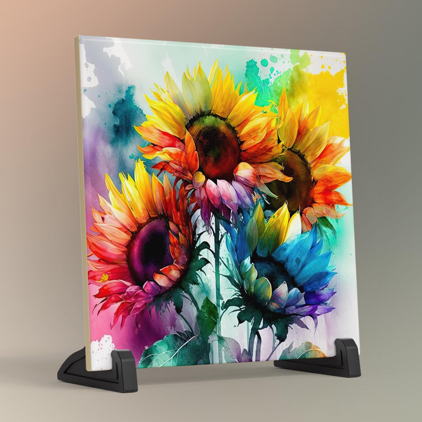 Watercolor Sunflower Ceramic Tile | Abstract Flowers Art | Boho Home Decor | Trendy Kitchen Art