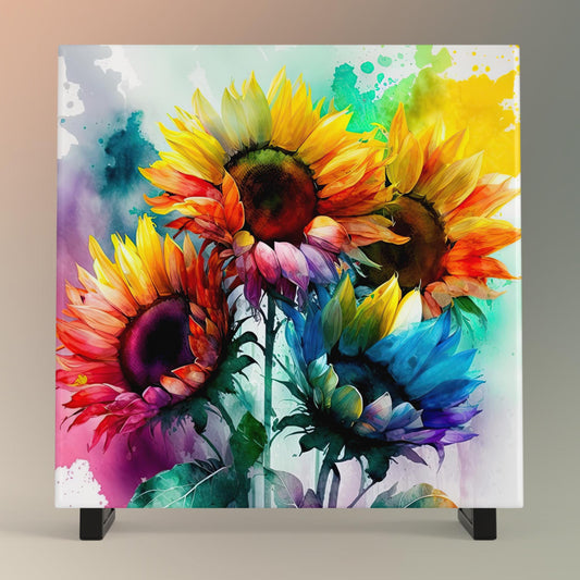 Watercolor Sunflower Ceramic Tile | Abstract Flowers Art | Boho Home Decor | Trendy Kitchen Art
