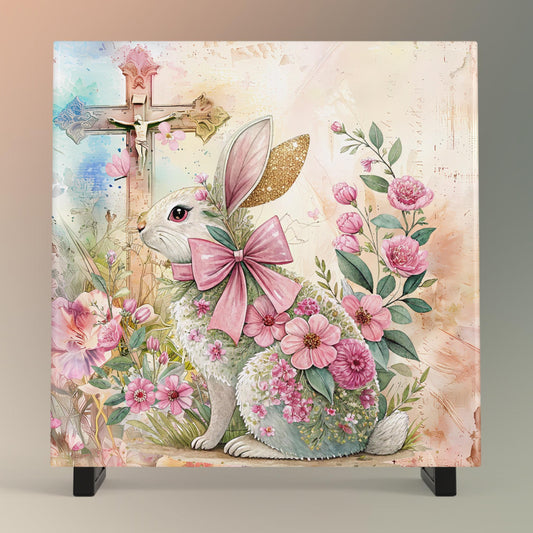 Rabbits in Spring Art Ceramic Tile, Vintage Print Style Bunny Wall Art, Christian Wall Decor, Cozy Cottage Spring Decor, Nursery Art Print
