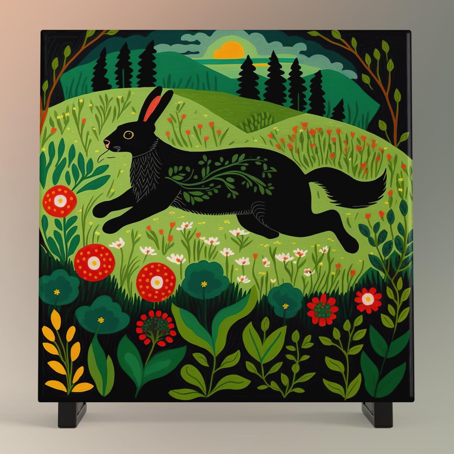 Rabbit Folk Art Ceramic Tile | Rabbit Art | Ceramic Wall Tile | Spring Decor | Bunny Art | Spring Home Decor