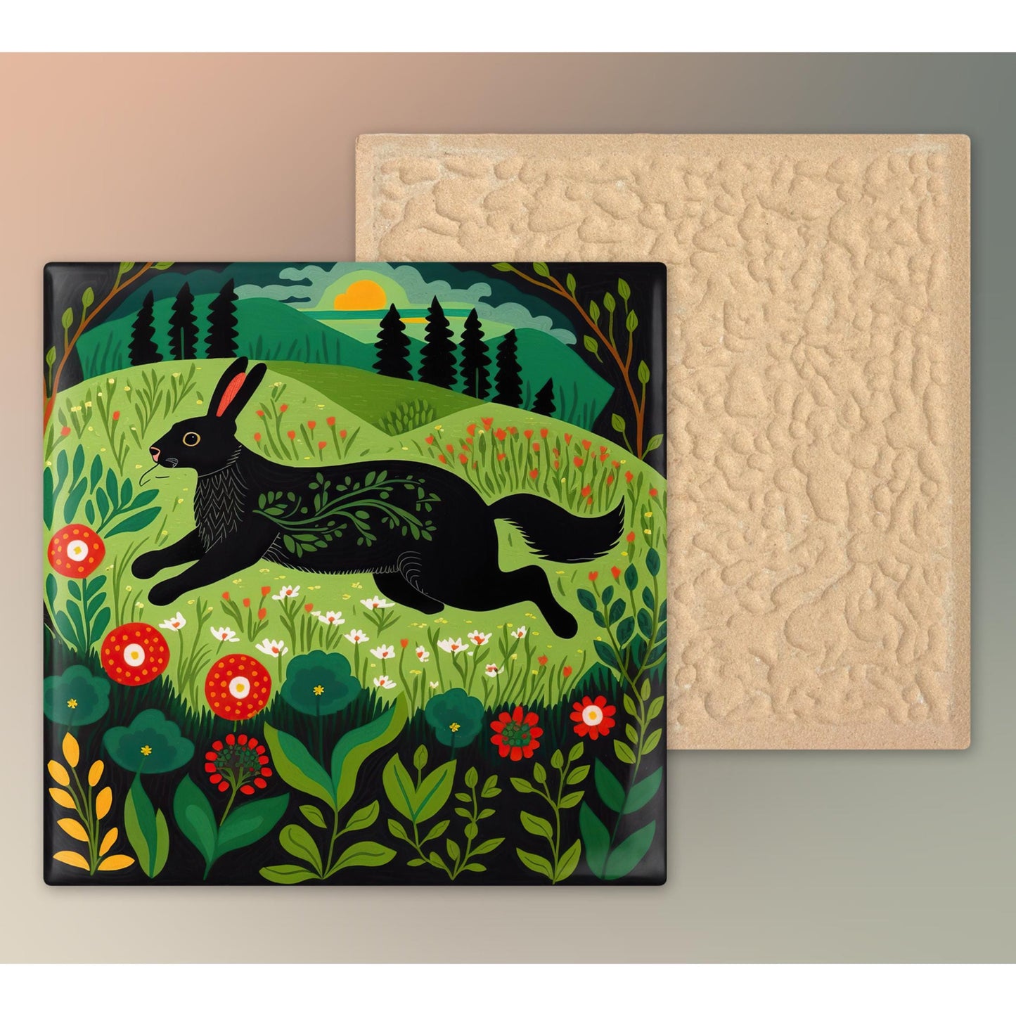 Rabbit Folk Art Ceramic Tile | Rabbit Art | Ceramic Wall Tile | Spring Decor | Bunny Art | Spring Home Decor
