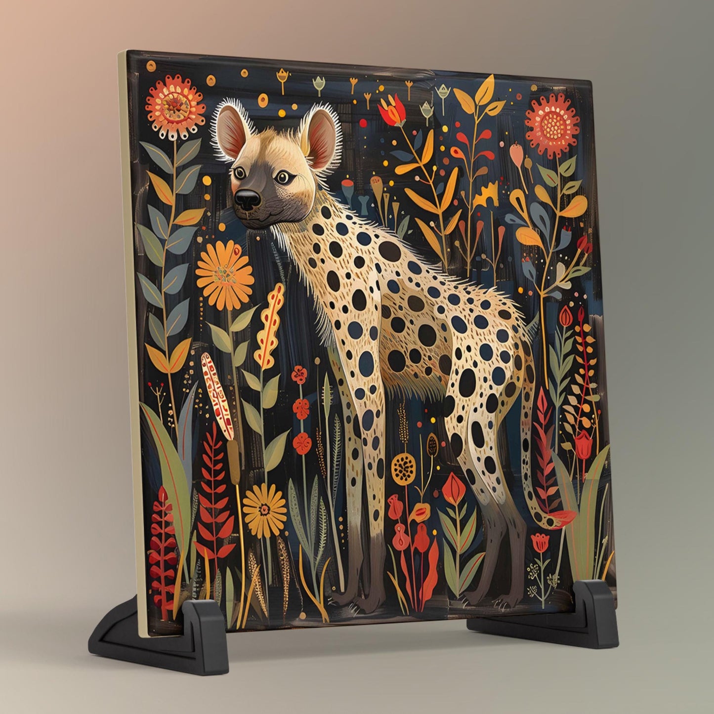 African Animals Ceramic Art Tile, Hyena Folk Art Design for Unique Boho Home Decor, Perfect Gift for Animal Lovers, African Art