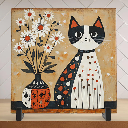 Vintage Cat Wall Art Ceramic Tile -  Retro Cat with Flowers in a Vase Art, Funky Kitty Decor for Stylish Spaces, Art for Small Spaces