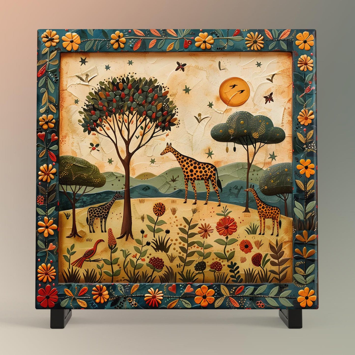 African Safari Ceramic Tile, Folk Art Wildlife Artwork Home Decor, African Aesthetic Spring Decor