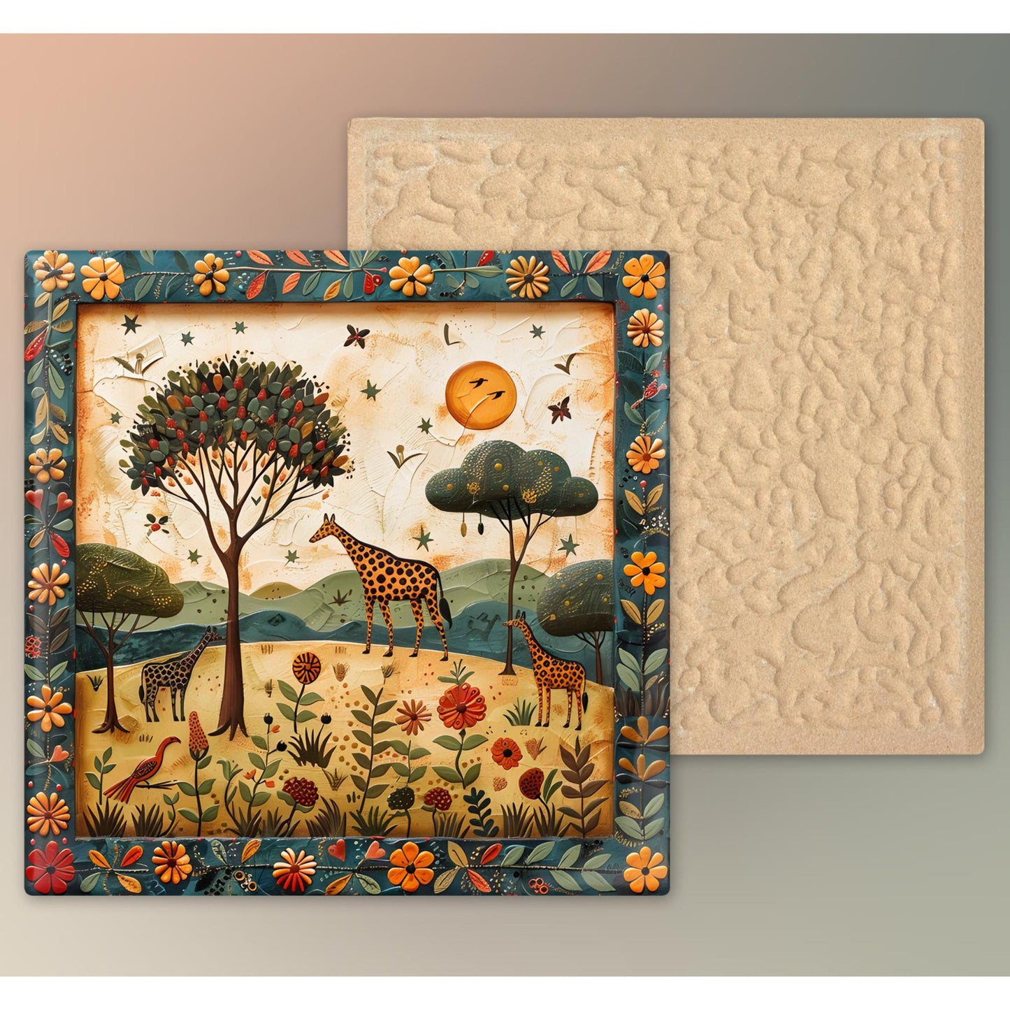 African Safari Ceramic Tile, Folk Art Wildlife Artwork Home Decor, African Aesthetic Spring Decor
