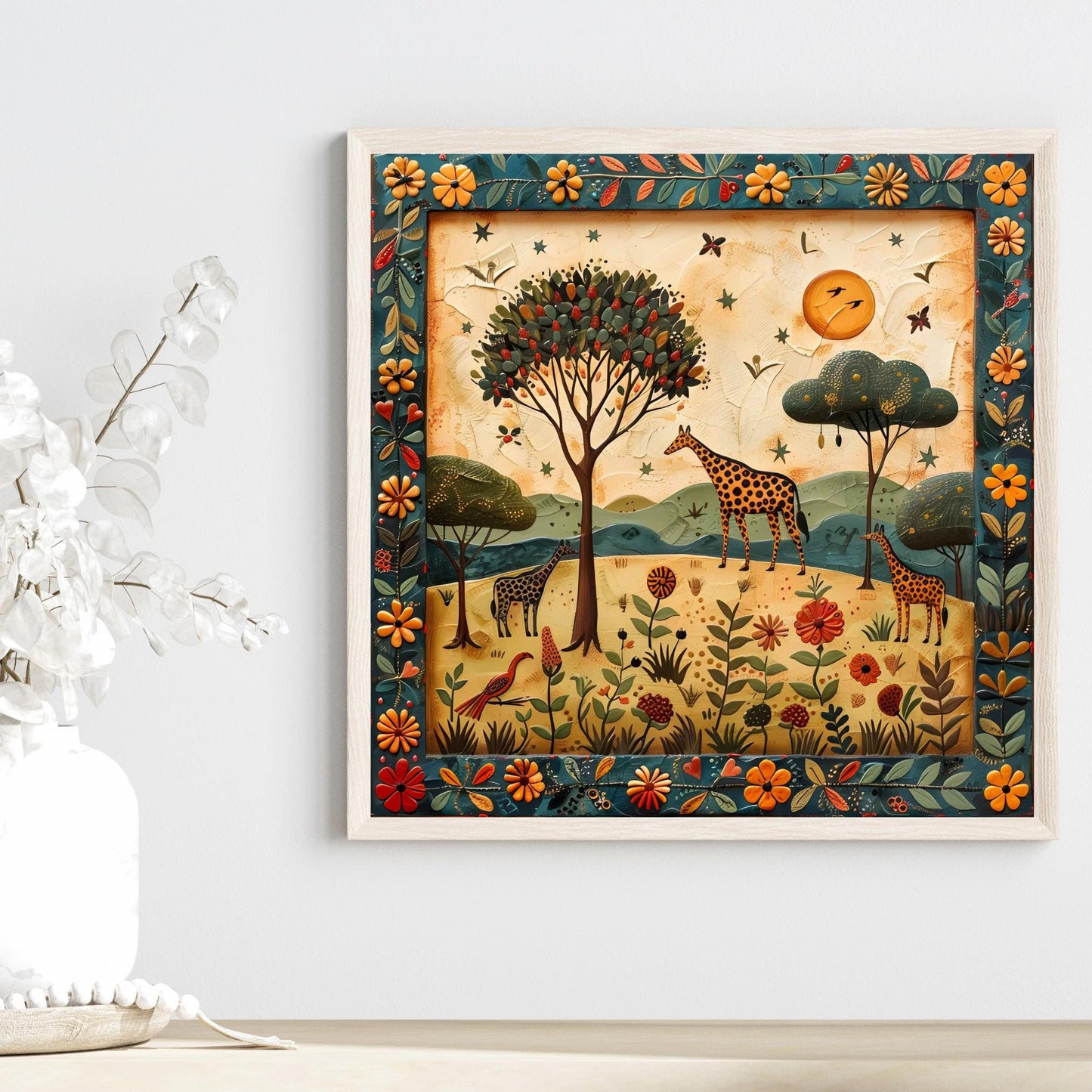 African Safari Ceramic Tile, Folk Art Wildlife Artwork Home Decor, African Aesthetic Spring Decor