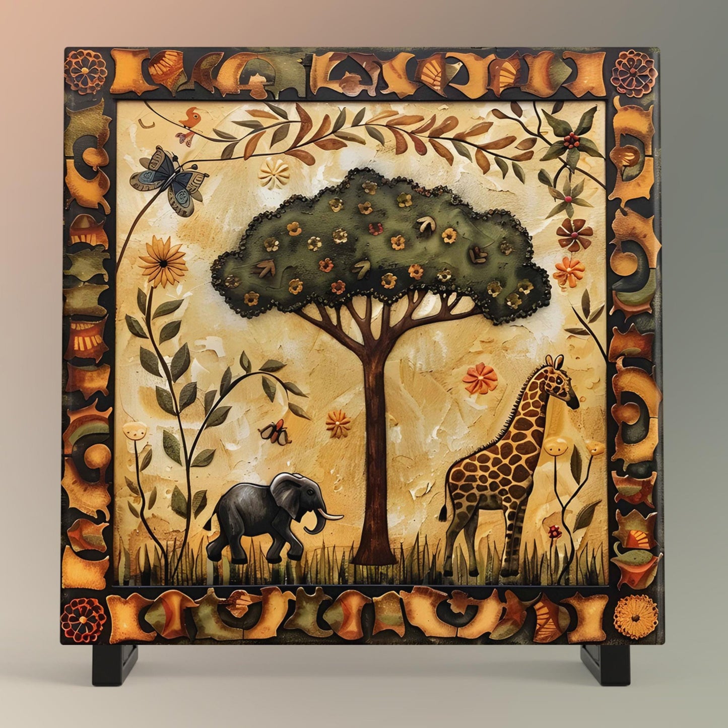 African Folk Art Ceramic Tile, Detailed Wildlife Safari Artwork for Home Decor, Charming African Aesthetic Spring Gift